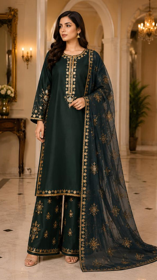 Emerald Noor – Golden Embroidered Three-Piece Suit
