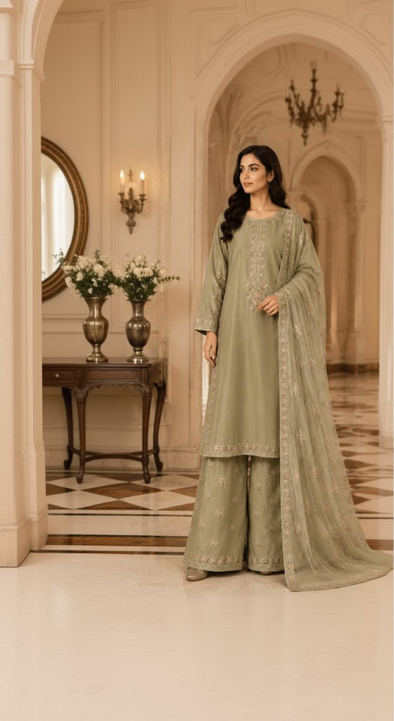 Sage Bloom – Pastel Embroidered Three-Piece Suit