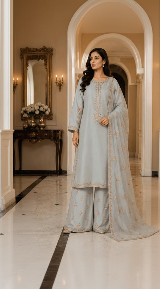 Celestial Mist – Powder Blue Embroidered Three-Piece Suit