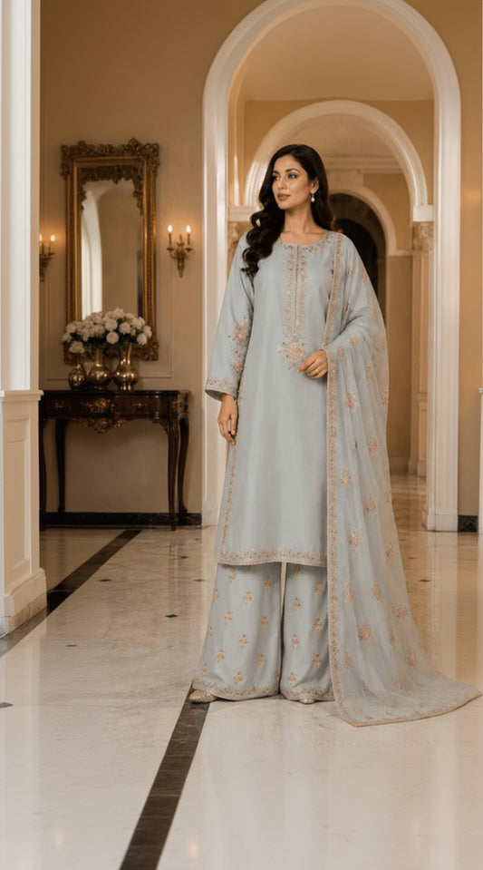 Celestial Mist – Powder Blue Embroidered Three-Piece Suit