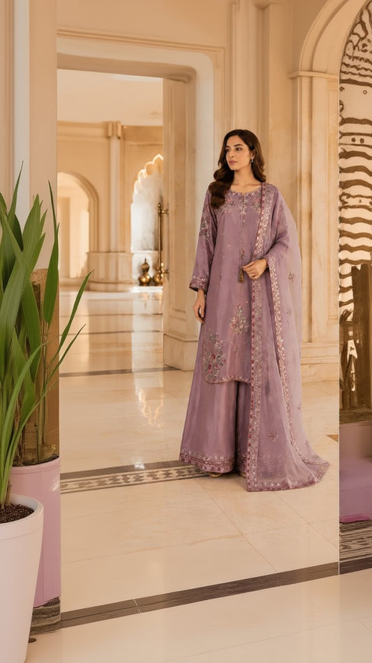 Mauve Rosé – Floral Embroidered Three-Piece Suit