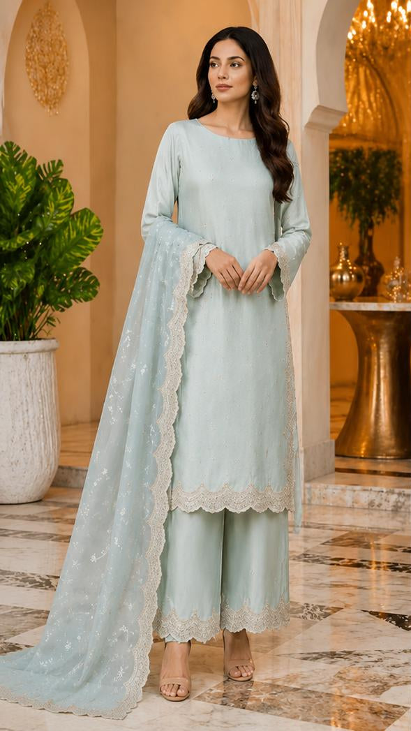 Mint Mist Elegance – Lace-Detailed 3-Piece Formal Suit