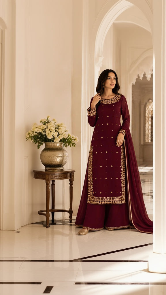Royal Maroon – Golden Embroidered Three-Piece Suit