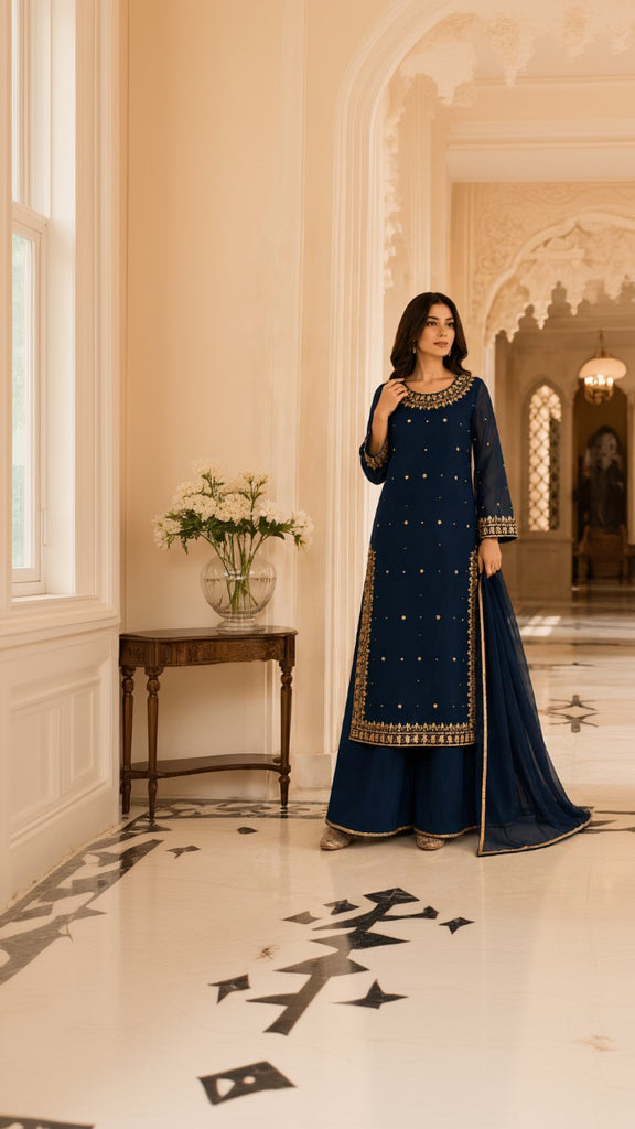 Midnight Royale – Navy Blue Golden Embroidered Three-Piece Suit