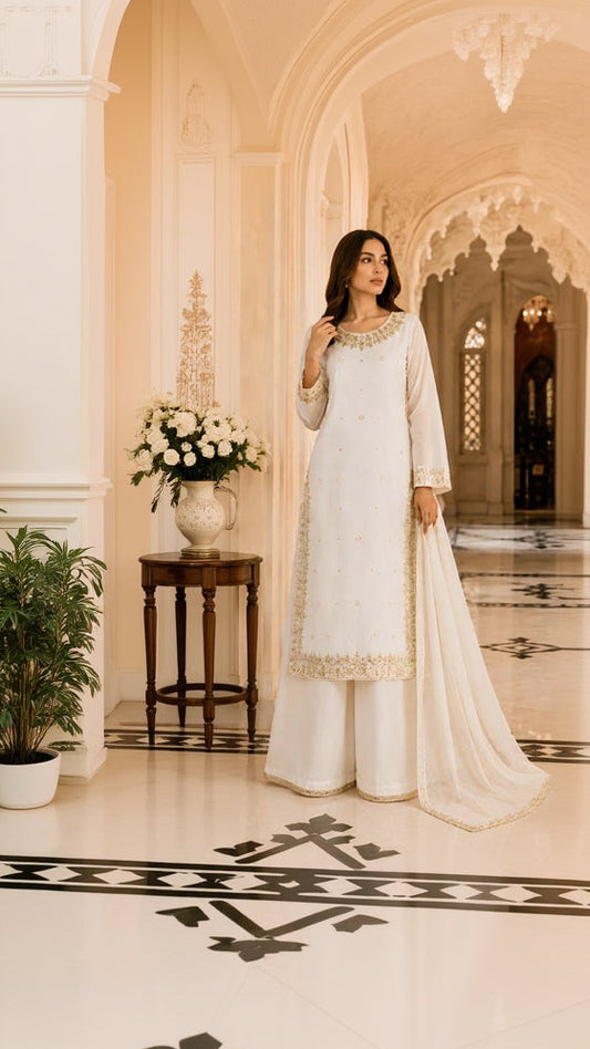Ivory Pearl Embroidered Palazzo Suit