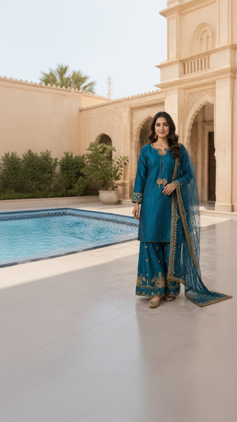 Teal Royalty Embroidered Palazzo Suit
