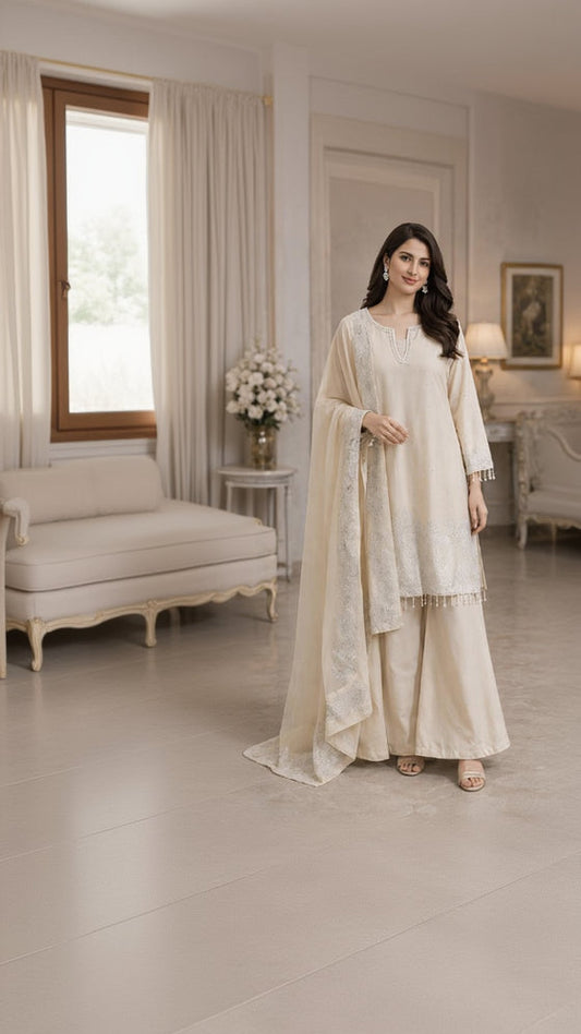 Ivory Pearl Embroidered Palazzo Suit