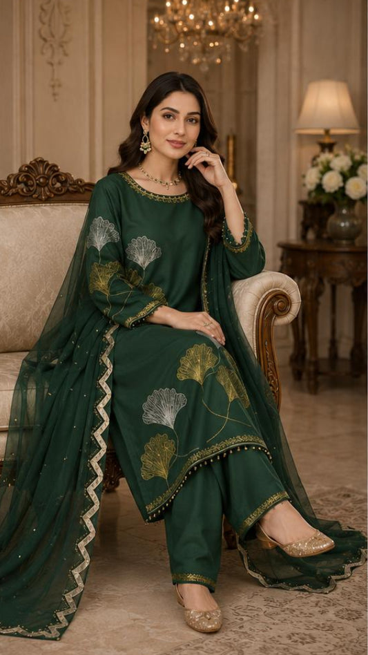 Emerald Ginkgo Embroidered Festive Suit