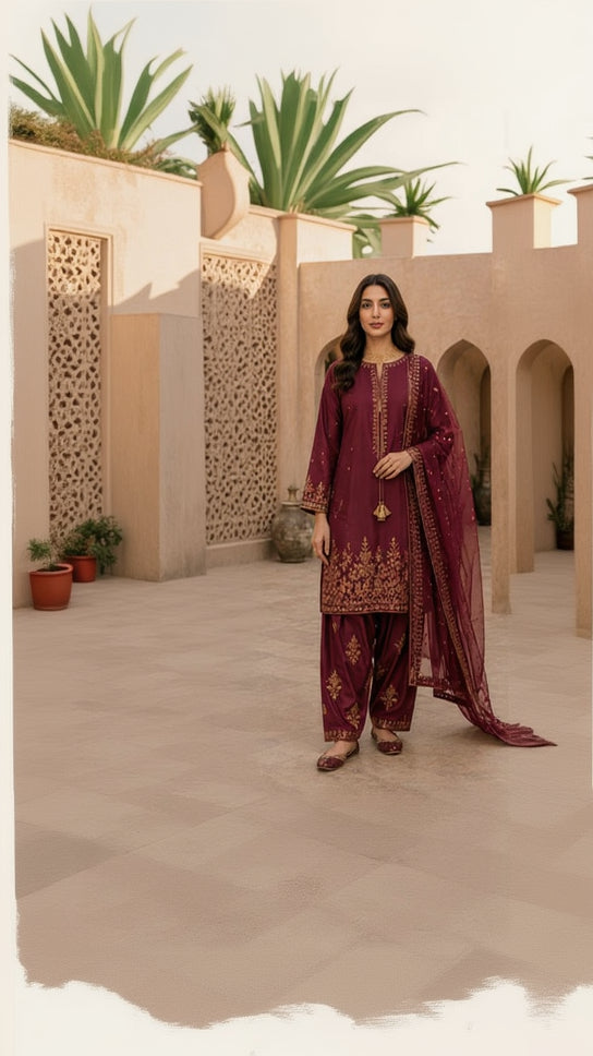 Royal Maroon Zari Embroidered Shalwar Suit