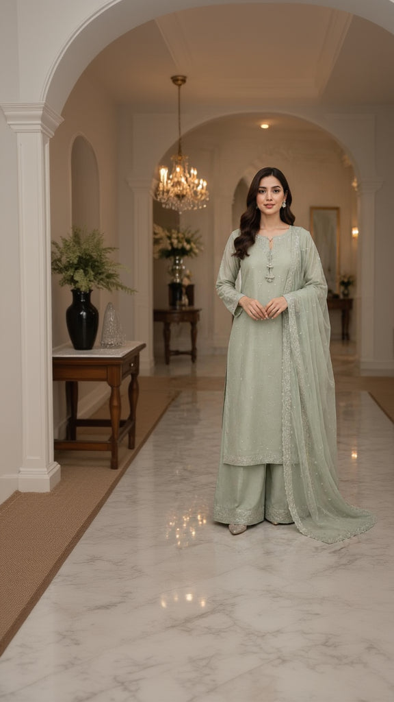 Misty Sage Embroidered Palazzo Suit