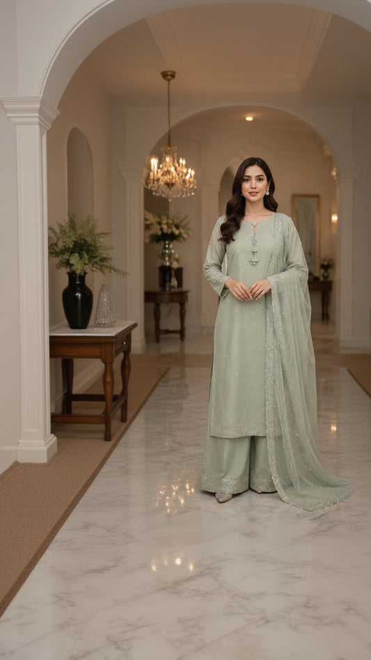 Misty Sage Embroidered Palazzo Suit