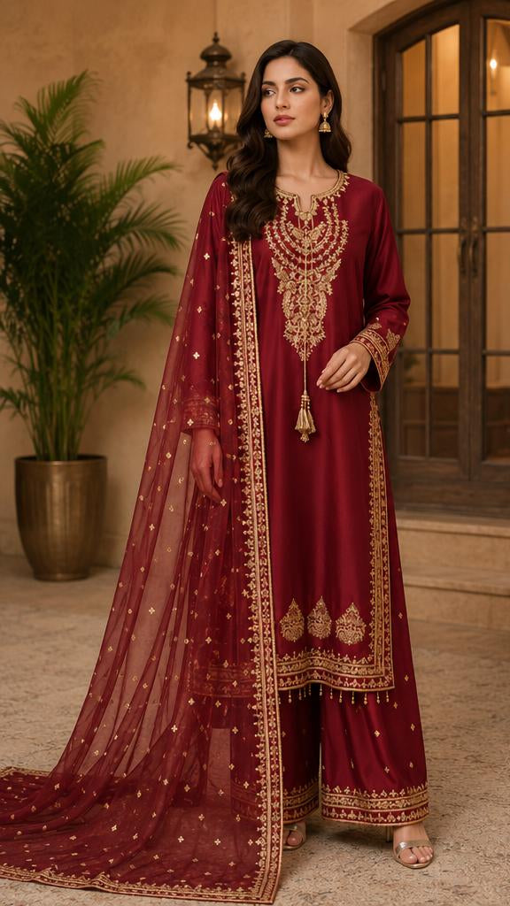 Royal Maroon Zari Elegance – Embroidered 3-Piece Formal Suit