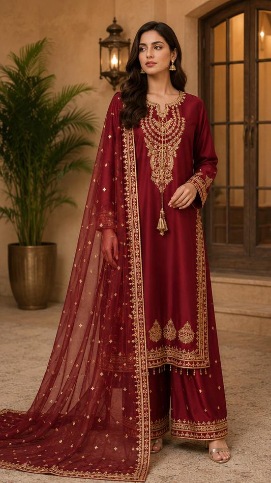 Royal Maroon Zari Elegance – Embroidered 3-Piece Formal Suit