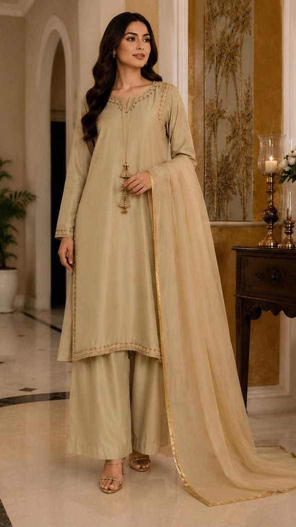 Champagne Gold Grace – Minimal Embroidered 3-Piece Formal Suit