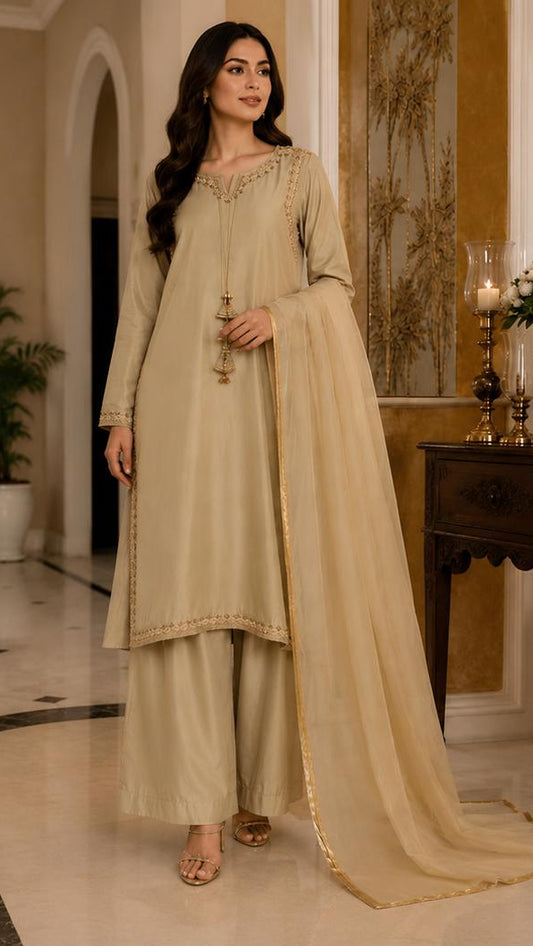 Champagne Gold Grace – Minimal Embroidered 3-Piece Formal Suit