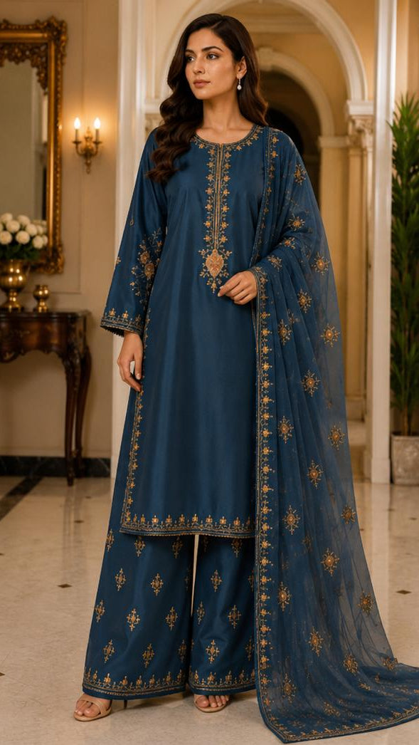 Midnight Teal Golden Bloom Embroidered 3-Piece Suit
