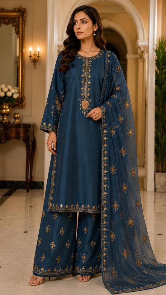Midnight Teal Golden Bloom Embroidered 3-Piece Suit
