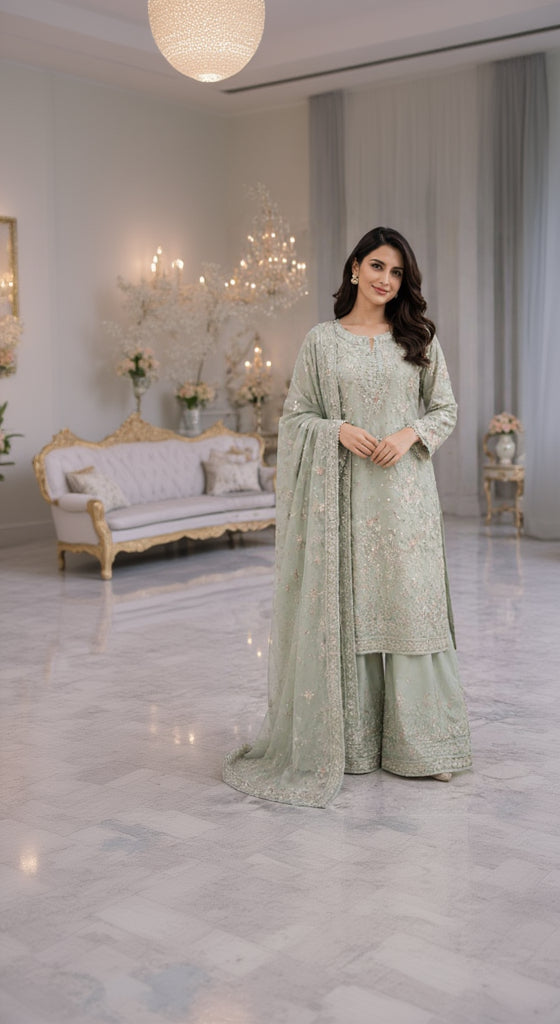 Sage Blossom Embroidered Palazzo Suit
