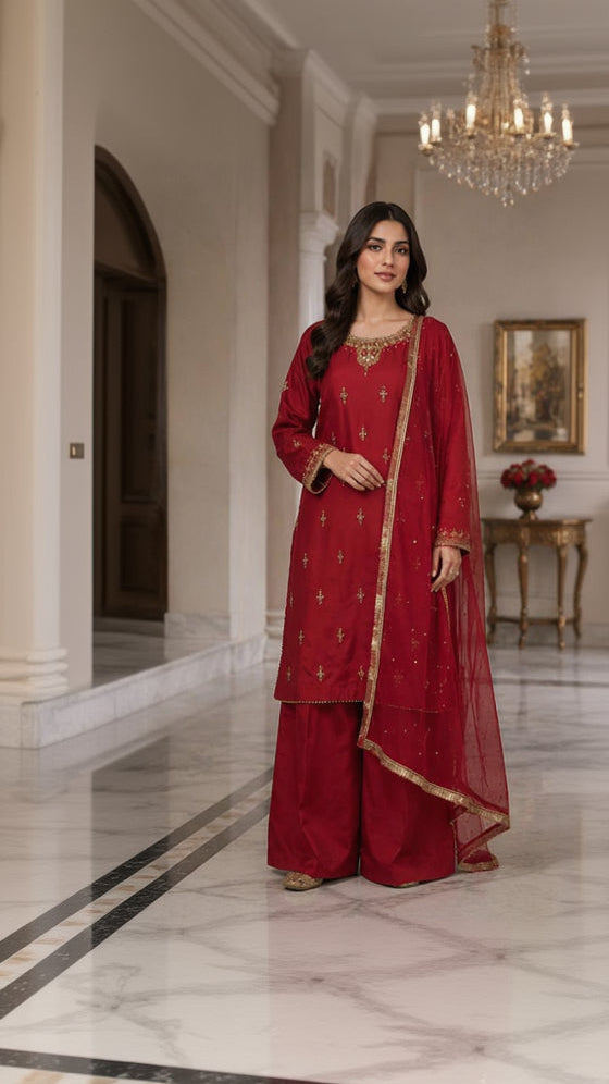 Crimson Zari Elegance Palazzo 3 Piece Suit
