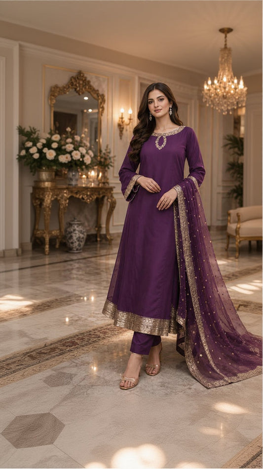 Royal Aubergine Zari Three-Piece Suit