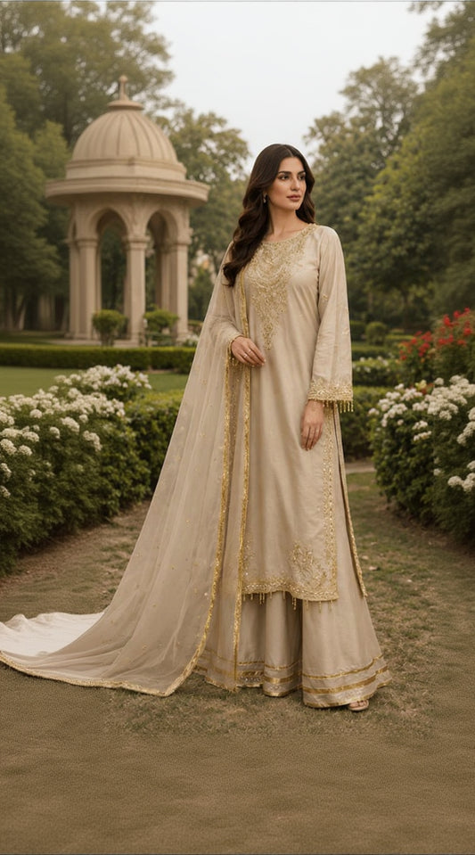 Champagne Gold Embroidered Farshi Palazzo Suit