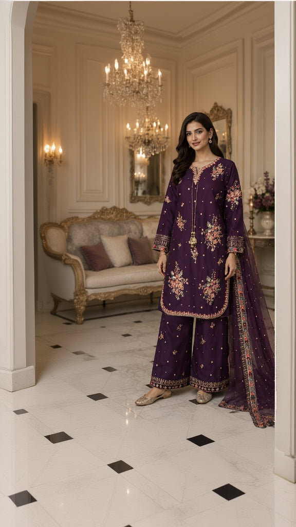 Royal Plum Floral Embroidered Palazzo Suit