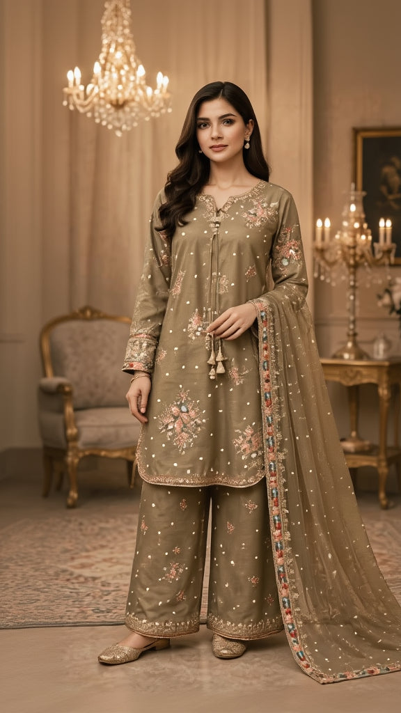 Olive Mist Floral Embroidered Palazzo Suit