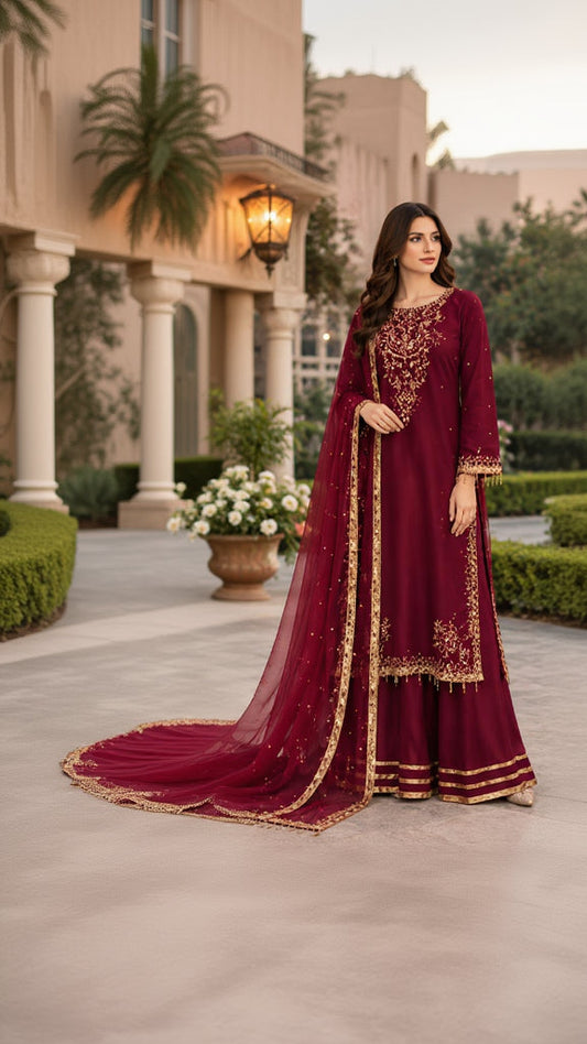 Ruby Maroon Gold Embroidered Farshi Palazzo 3 Piece