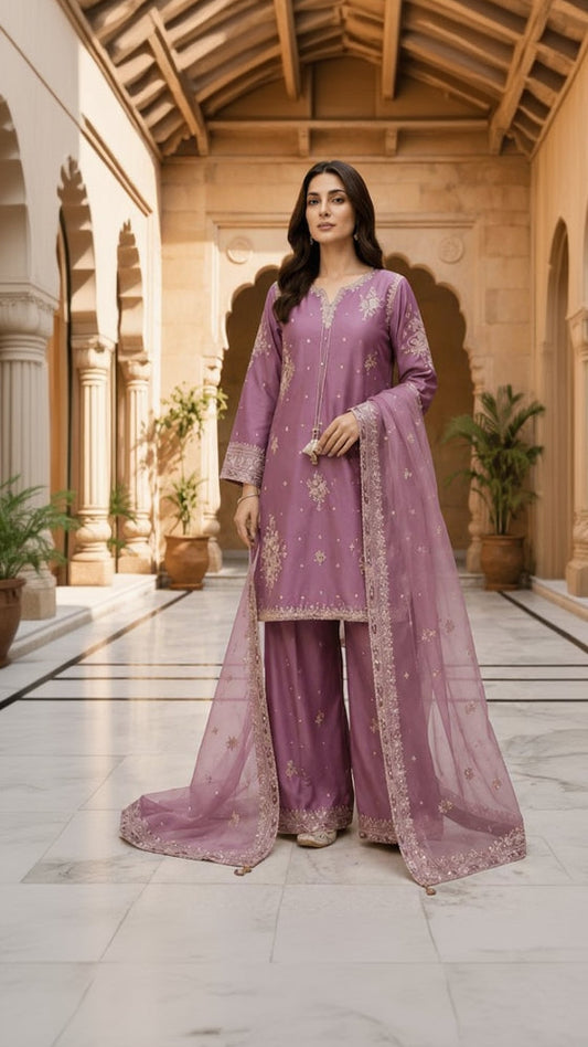 Dusty Mauve Silver Embroidered Palazzo 3 Piece Suit