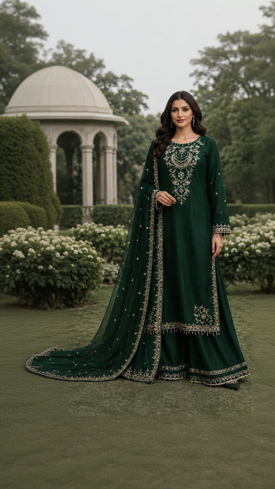 Emerald Green Gold Embroidered Farshi Palazzo 3 Piece Suit