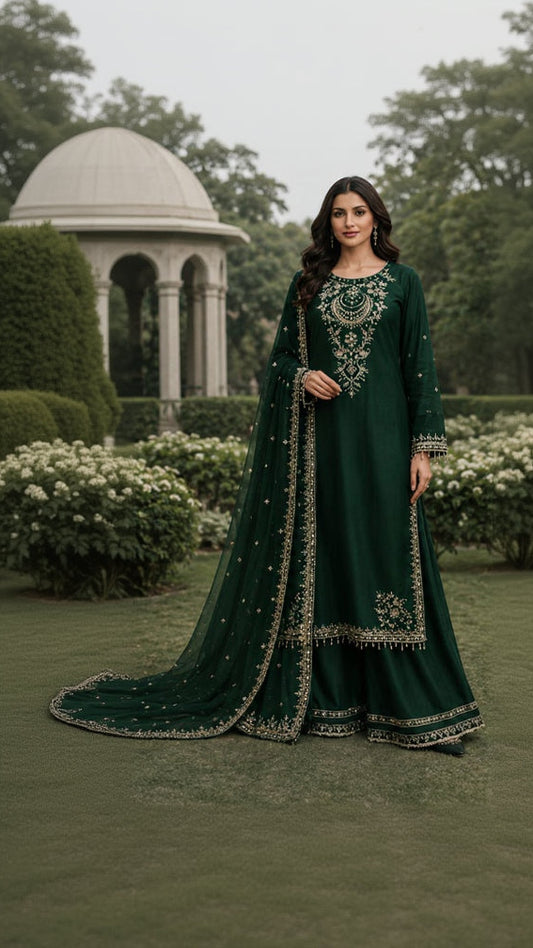 Emerald Green Gold Embroidered Farshi Palazzo 3 Piece Suit