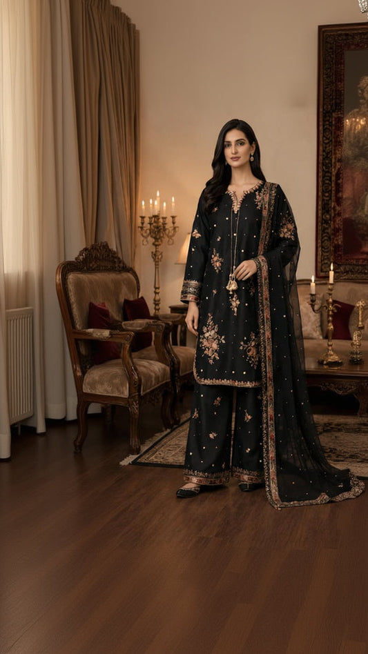 Midnight Embroidered Palazzo 3 Piece Suit
