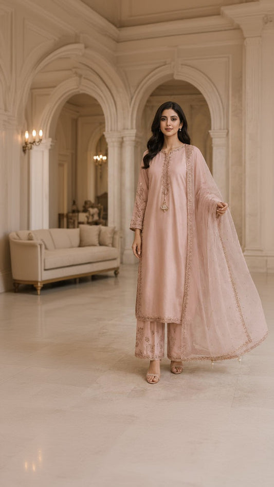 Blush Rose Pearl Embroidered Palazzo 3 Piece Suit