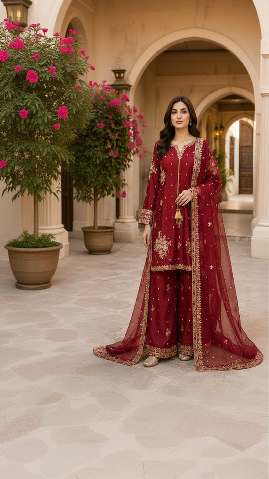 Royal Maroon Zari Palazzo Suit 3 Piece