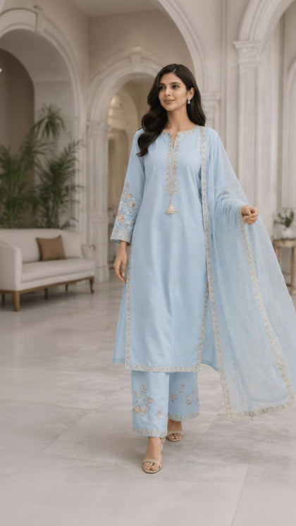 Powder Blue Pearl Embroidered Palazzo Suit