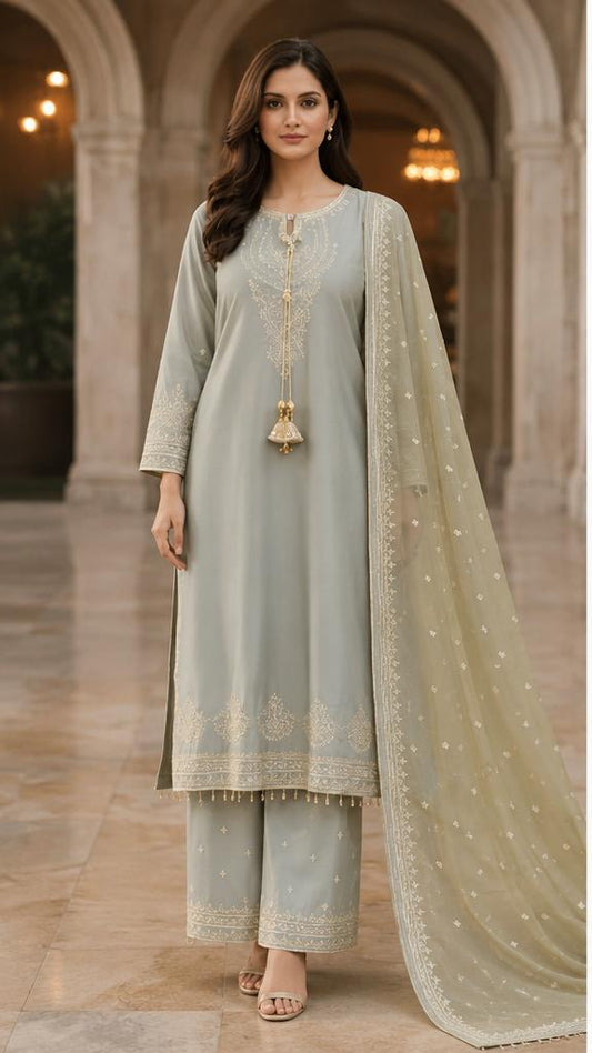 Sage Mist Pearl Embroidered Palazzo Suit