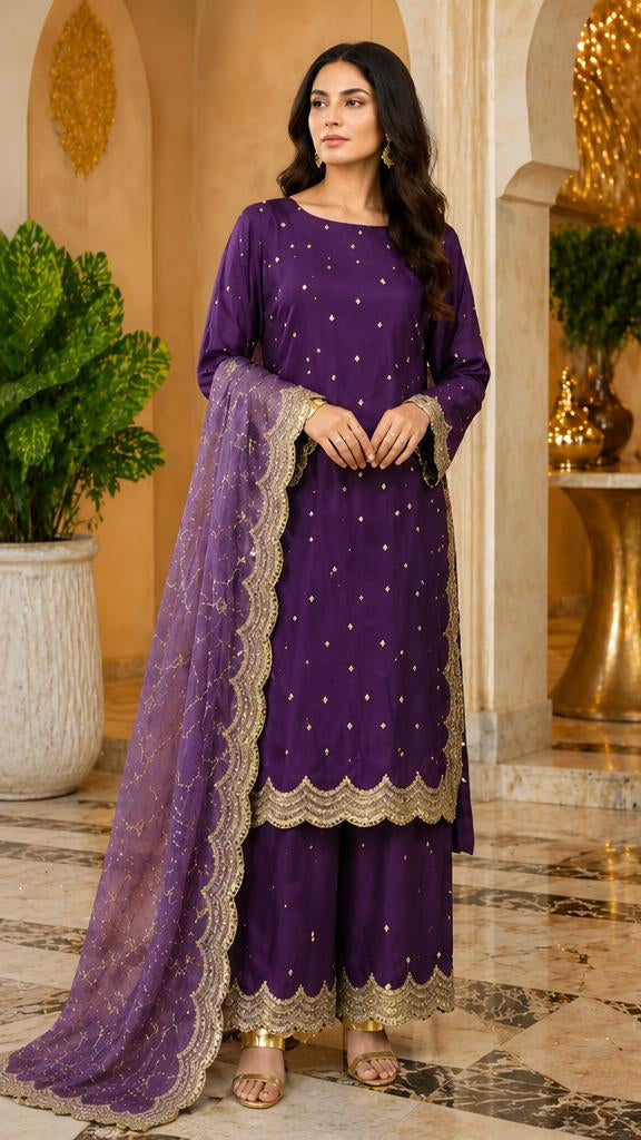 Royal Amethyst Gold-Embroidered Palazzo Suit