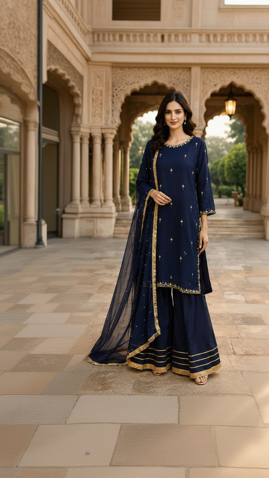 Midnight Navy blue-Embroidered Palazzo Suit