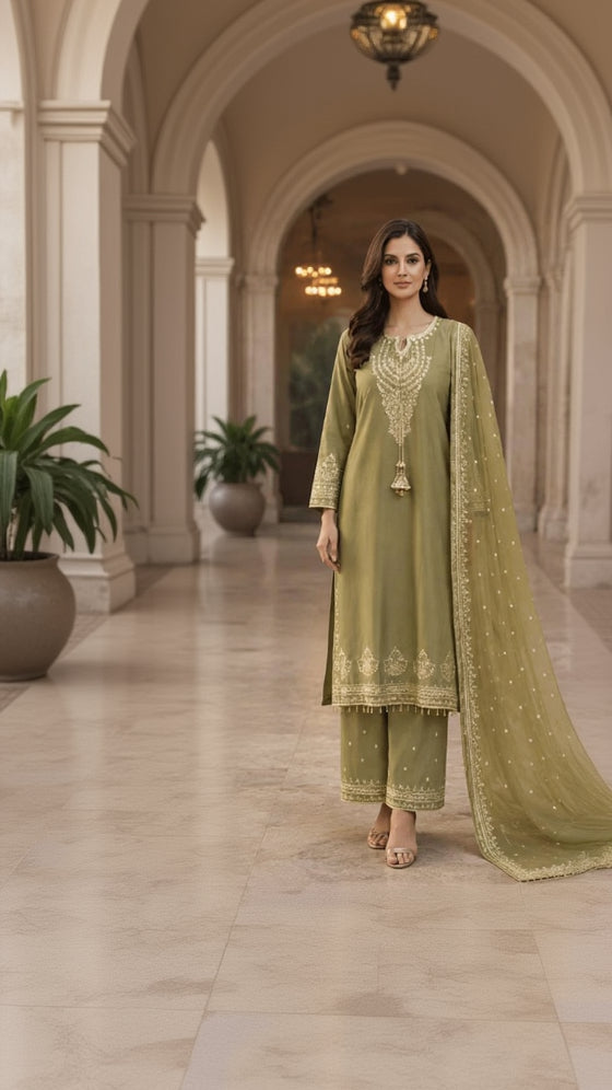 Sage Olive Ivory-Embroidered Palazzo Suit