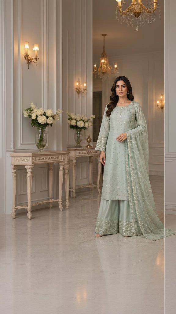 Mint Pearl Embroidered Palazzo Suit