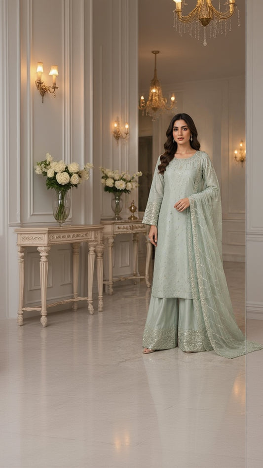 Mint Pearl Embroidered Palazzo Suit