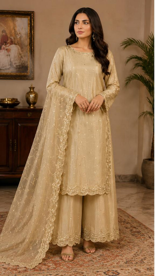 Champagne Gold Sequin-Embroidered Palazzo Suit