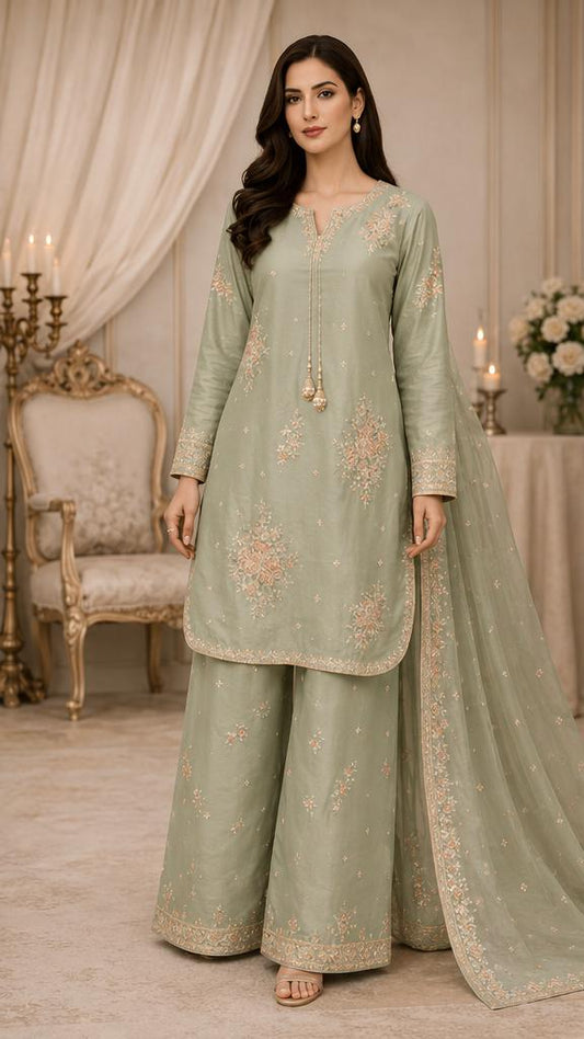 Pastel Sage Peach-Embroidered Palazzo Suit