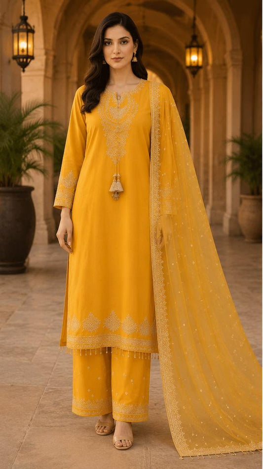 Mustard Gold Embroidered Festive Suit