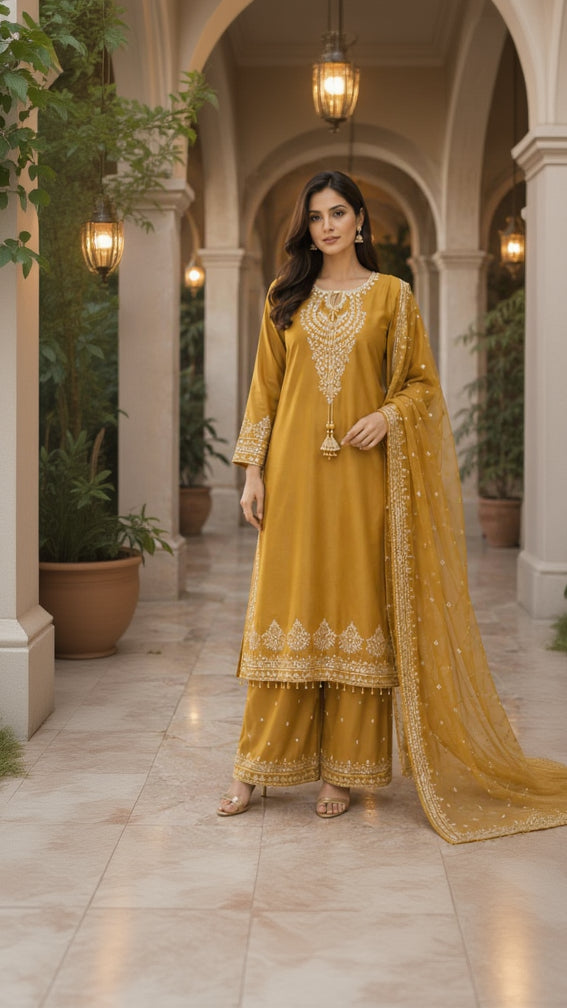 Golden Mustard Embroidered Palazzo Suit
