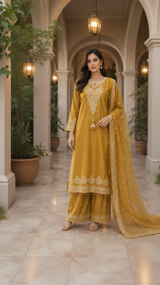 Golden Mustard Embroidered Palazzo Suit