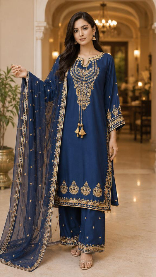 Midnight Navy Gold Embroidered Palazzo Suit