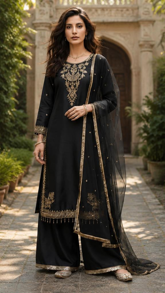 Midnight Gold Embroidered Palazzo Suit