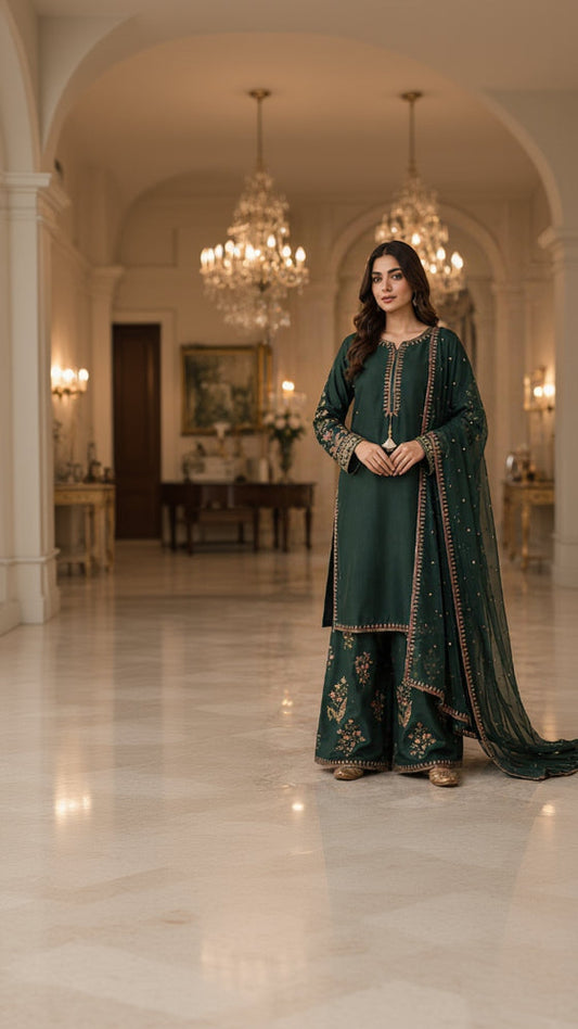 Emerald Bloom Embroidered Palazzo 3 Piece Suit