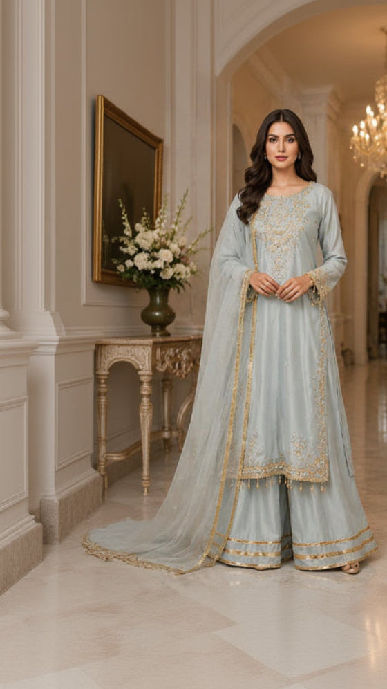 Ice Blue Gold Embroidered Palazzo Suit
